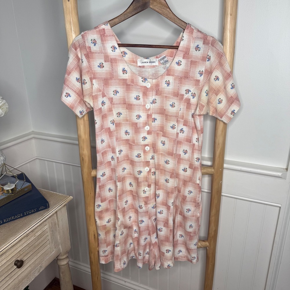 Lauren Brooke Vintage Pink Plaid Floral Button Front Romper Small Short Sleeve